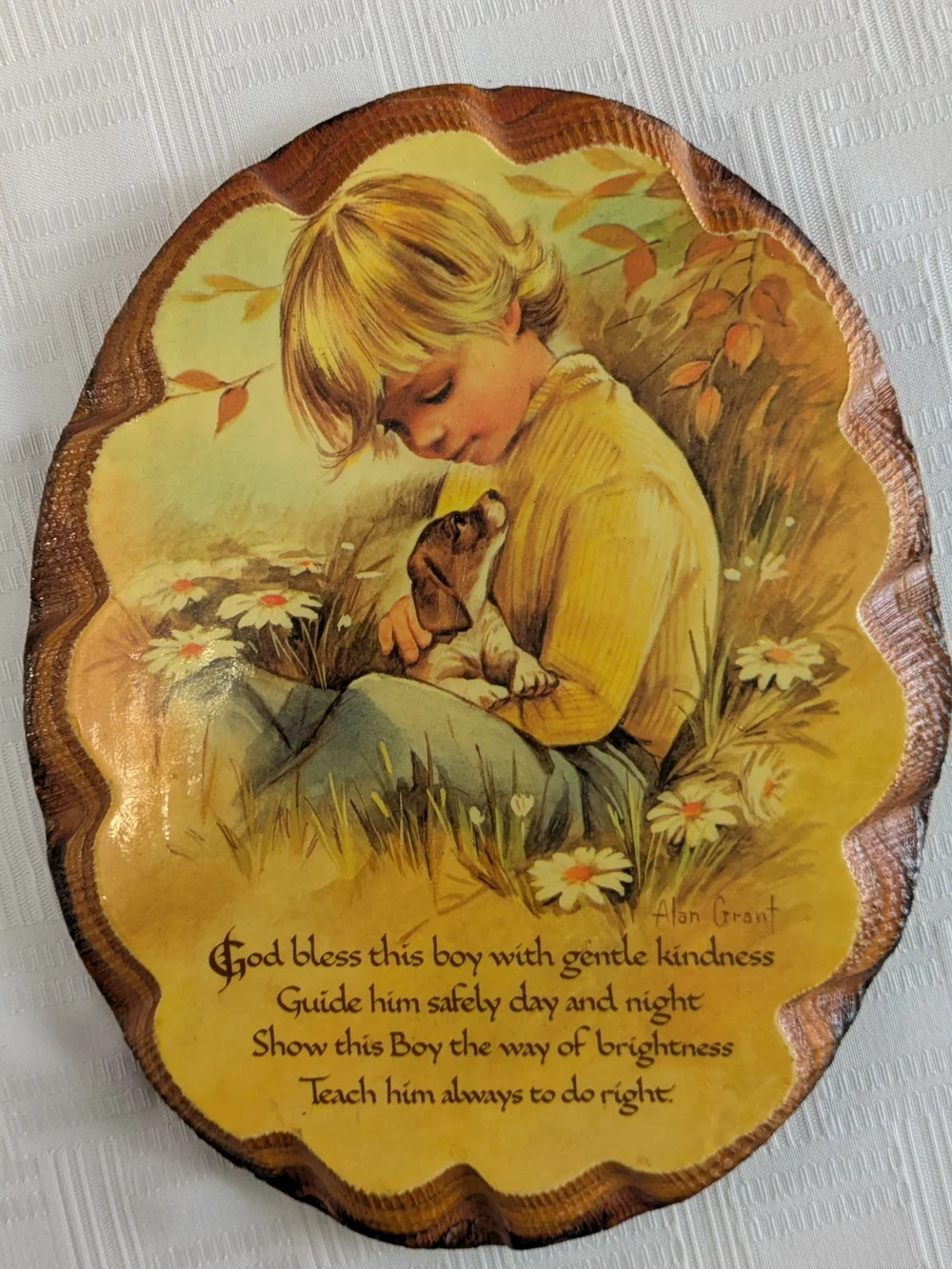 Vintage 80's Wall Plaque with Boy and Puppy , Silver Frame